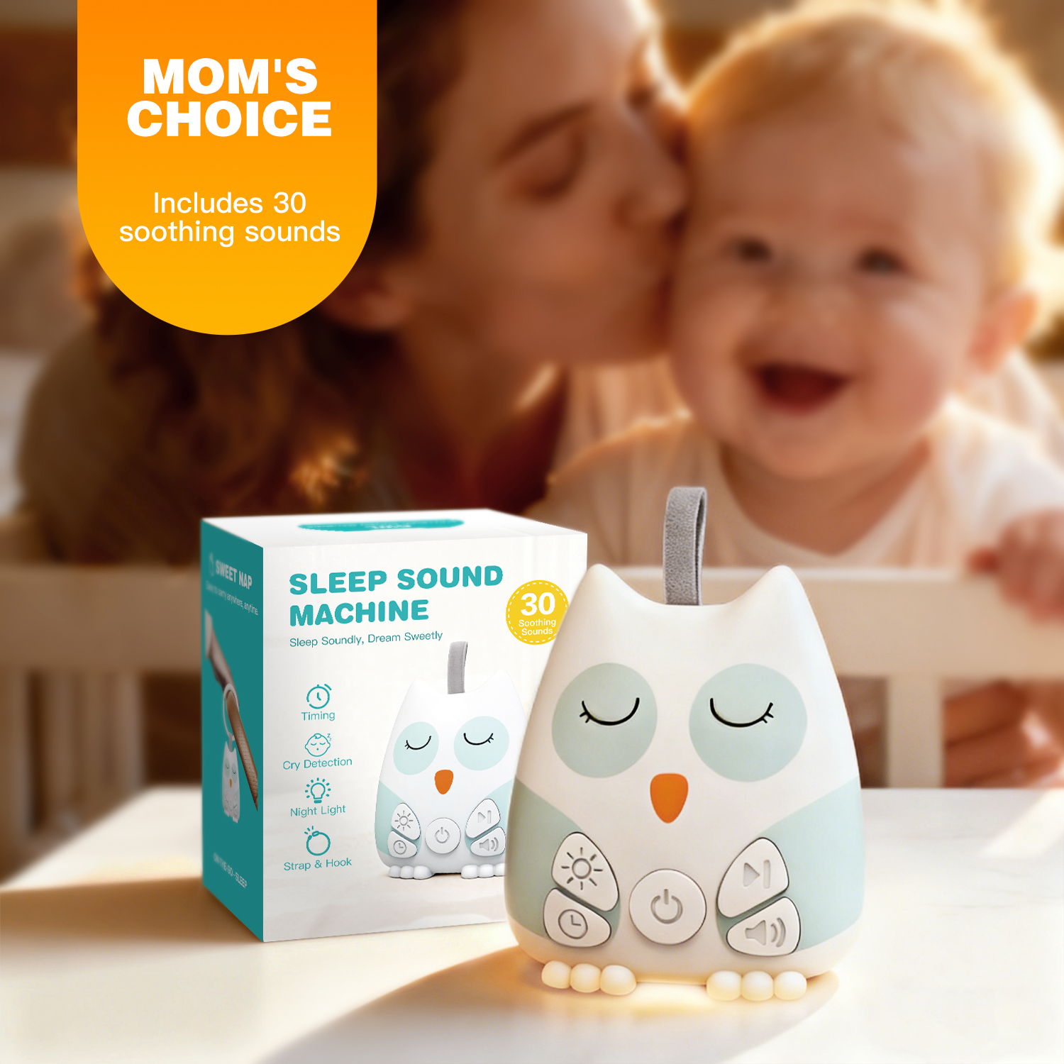 White Noise Machine Baby - ポータブルホワイトノイズサウンドマシン 赤ちゃん用 30種類の心地よい音 泣き声センサー付き 幼児用 ナイトライトタイマー付き