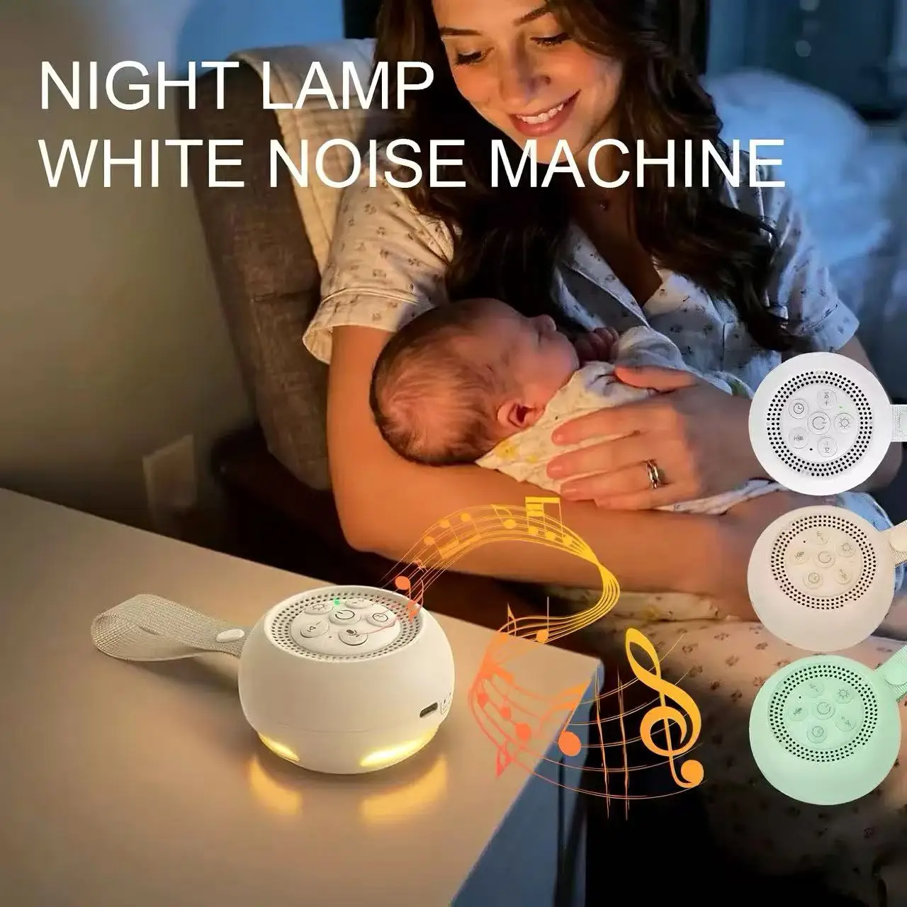 White Noise Machine Baby - ホワイトノイズマシン 暖かいナイトライト付き 赤ちゃん睡眠サウンドマシン 癒し機能 吊り下げストラップ付き 新生児睡眠補助装置