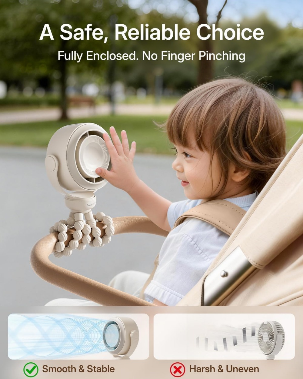 ポータブルベビーカーファン、挟み込み防止ベビーファン、5段階 - Baby Products Cream のレビューと価格
